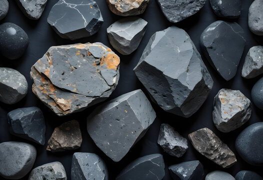 Geology and natural resources concept, various raw mineral rocks and stones on a dark background, earth science and mining industry