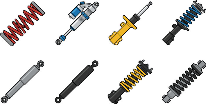 Car Suspension Shock Absorber and Strut Vector Icon Set Featuring Coil Springs Damper and Automotive Replacement Parts
