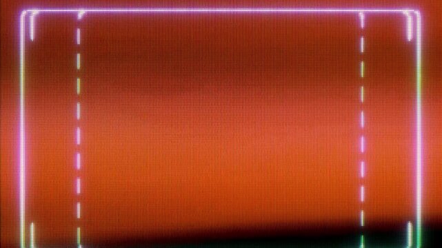 Abstract neon glowing rectangular frame animation on a dark red background.