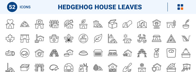 Fototapeta premium Hedgehog house leaves line icon set. Vector pictograms of shelter, hibernation, garden, and wildlife elements, thin linear illustration.