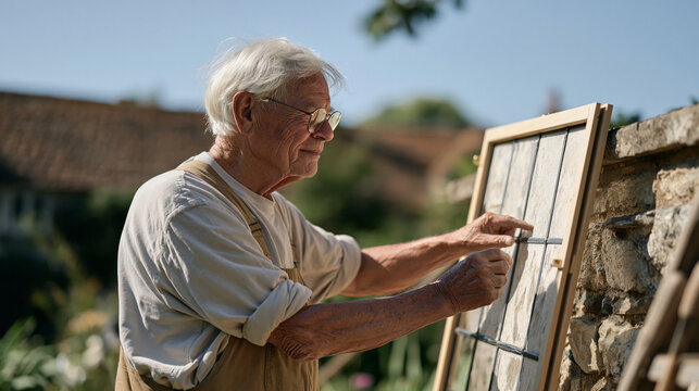 An elderly glazier in a quiet village garden examines a leaded window panel propped against a stone wall, heritage glass craft skill, traditional building restoration trade, rural