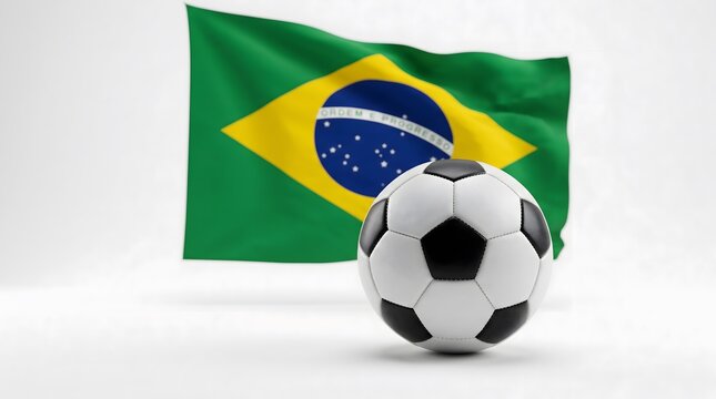 Soccer ball positioned before the Brazilian national flag, symbolizing football culture and global sporting events