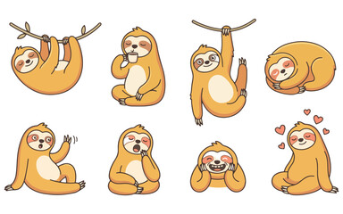 Naklejka premium Cute sloth vector illustration set isolated on transparent background