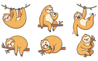 Naklejka premium Cute Sloth Character Set Hanging Sleeping Drinking Coffee