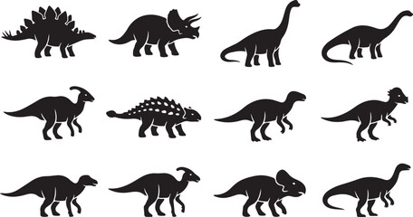 A collection of twelve black silhouette featuring various dinosaur species, including stegosaurus, triceratops, brachiosaurus, and ankylosaurus, arranged in a grid on a plain white background © MdAbu