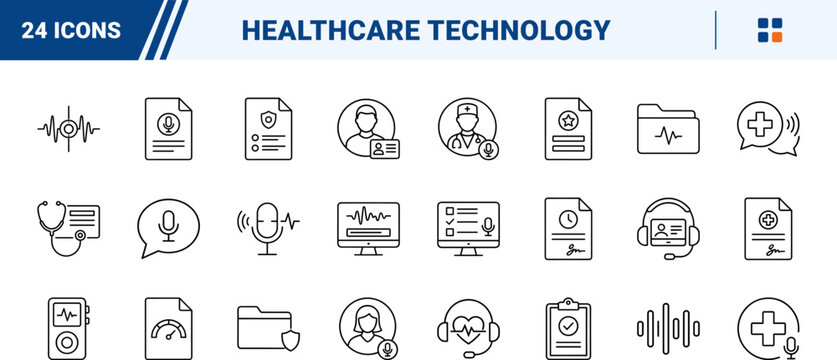Healthcare technology line icon set. Vector pictograms of medical, patient, documentation, and clinical elements, thin linear illustration.