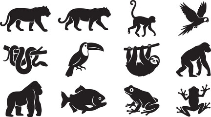 Naklejka premium Set of black silhouette featuring tropical rainforest animals including a tiger, panther, monkey, parrot, snake, toucan, sloth, chimpanzee, gorilla, piranha, and tree frogs on white background