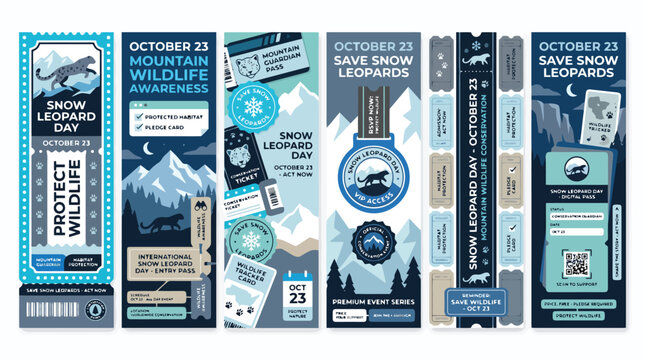 Snow Leopard Day event ticket collection, mountain wildlife awareness banners, conservation fundraiser passes in blue and teal