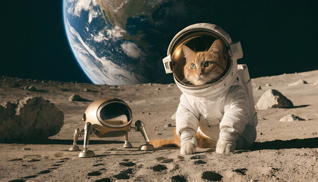 An adorable ginger cat astronaut sitting on the Moon beside a small futuristic lunar rover, wearing a premium white spacesuit with a reflective gold visor raised to reveal its round face and bright gr