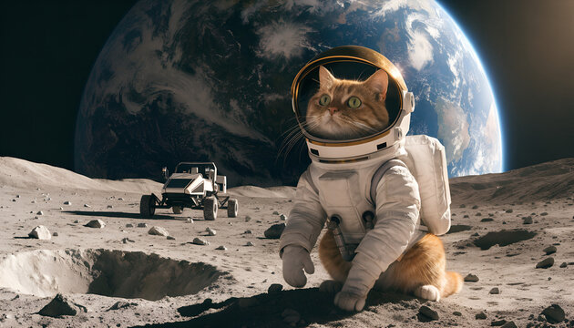 An adorable ginger cat astronaut sitting on the Moon beside a small futuristic lunar rover, wearing a premium white spacesuit with a reflective gold visor raised to reveal its round face and bright gr