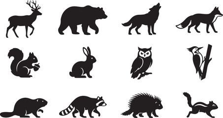 Obraz premium Set of twelve black silhouettes of north american forest animals including a deer, bear, wolf, fox, squirrel, rabbit, owl, woodpecker, beaver, raccoon, porcupine, and a chipmunk on white background