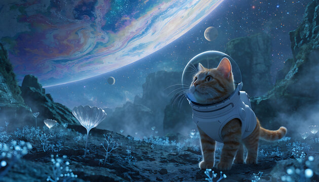 A cute orange tabby cat astronaut standing on a mysterious alien planet covered with glowing blue plants and strange translucent flowers, wearing a sleek white futuristic spacesuit with a clear spheri
