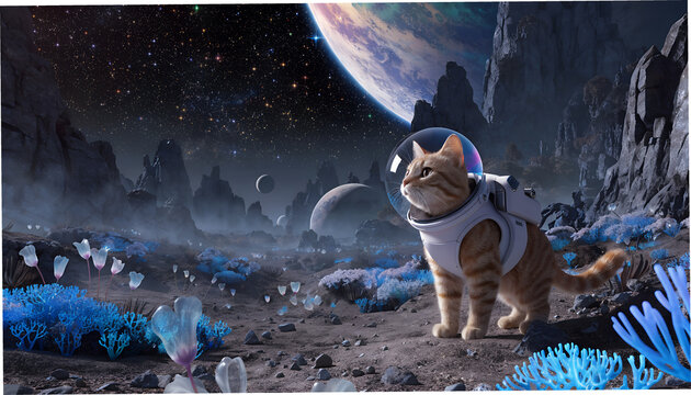 A cute orange tabby cat astronaut standing on a mysterious alien planet covered with glowing blue plants and strange translucent flowers, wearing a sleek white futuristic spacesuit with a clear spheri