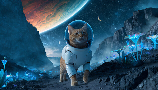 A cute orange tabby cat astronaut standing on a mysterious alien planet covered with glowing blue plants and strange translucent flowers, wearing a sleek white futuristic spacesuit with a clear spheri