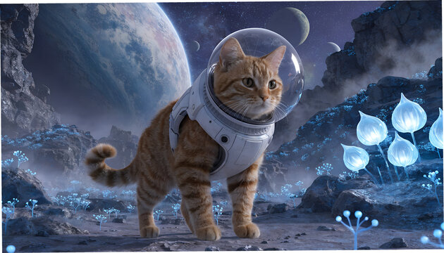 A cute orange tabby cat astronaut standing on a mysterious alien planet covered with glowing blue plants and strange translucent flowers, wearing a sleek white futuristic spacesuit with a clear spheri