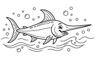 Obraz premium Swordfish illustration with bubbles and waves rendered in a linear style