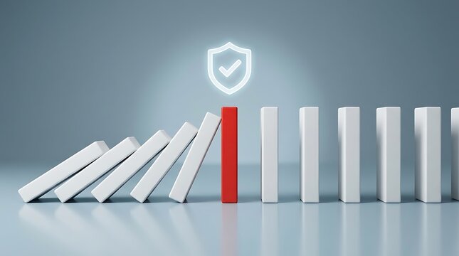 Risk mitigation concept shows red block stopping domino effect chain reaction under bright safety emblem signifying proactive asset protection and security measures.
