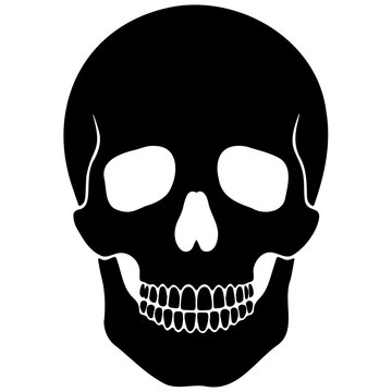 Black and white human skull head silhouette icon isolated on white background.