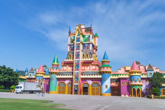 Penha, Santa Catarina, Brazil - August 18, 2026: Front facade and main entrance (Castelo das Nacoes) of the Beto Carrero World theme park, the largest amusement park in Latin America.