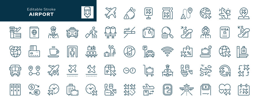 Airport outline icons set. Airplane, flight, air travel, takeoff, landing, terminal, pilot, flight attendant and more. Line icon in linear style. Vector collection
