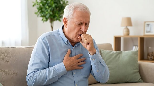 Elderly man with white hair coughing and holding his chest while sitting on couch in living room, representing illness and respiratory problems.