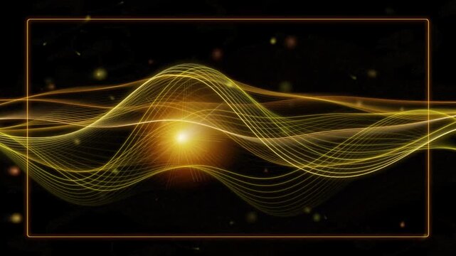 Abstract glowing wavy lines flow through dark space with light particles and orange frame overlay.