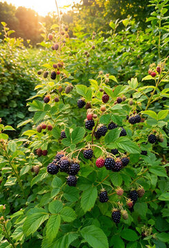 Organic blackberry bush with ripe and unripe berries, summer harvest and healthy eating in natural sunlight
