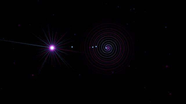 Cosmic spiral and starburst effect with light trails in dark space background.