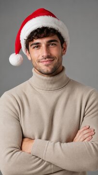 Smiling young adult man in Santa hat and beige turtleneck with arms crossed against gray studio background