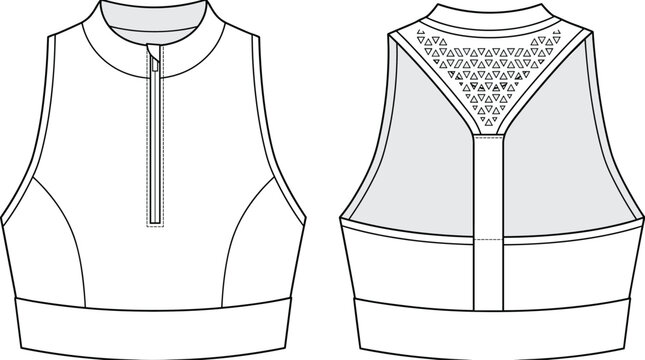 High neck women sports bra activewear fashion flat technical drawing template with front zipper and racerback cutout detail