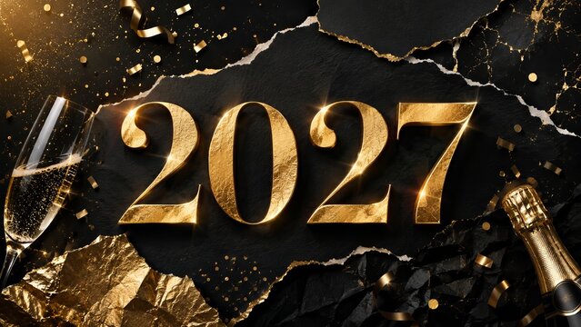 Happy 2027 New Year and Merry Christmas luxury black and gold celebration with champagne, confetti and metallic numerals