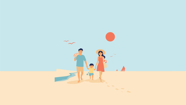 Family walking together on tropical beach during sunny day summer vacation vector illustration graphic with vacation