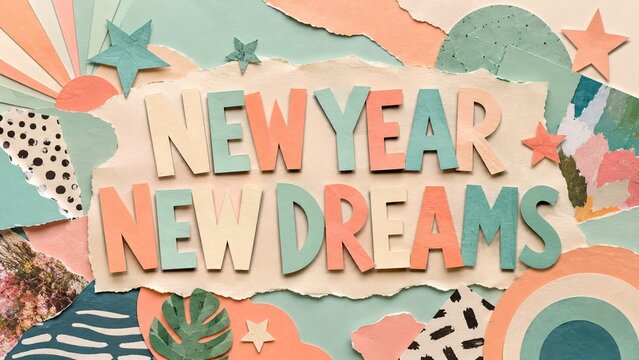Happy 2027 New Year and Merry Christmas pastel paper collage with New Year New Dreams message, stars and retro abstract shapes