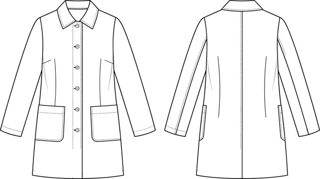 Flat sketch technical drawing of a long sleeve trench coat with button closure and patch pockets.