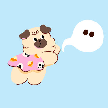 A cute, chubby pug wearing a Halloween cape and chasing a ghost; hand-drawn vector illustration on a blue background.