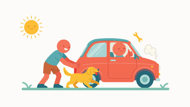 Driver pushing broken down red car with dog and sun shining in background breakdown automotive mechanical emergency