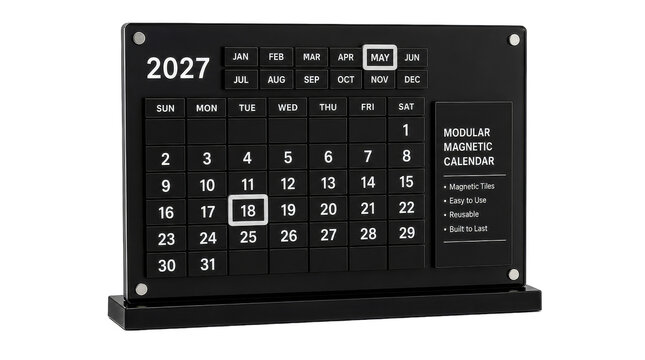 2027 Modular Magnetic Desk Calendar PNG Black Acrylic Reusable Block Calendar