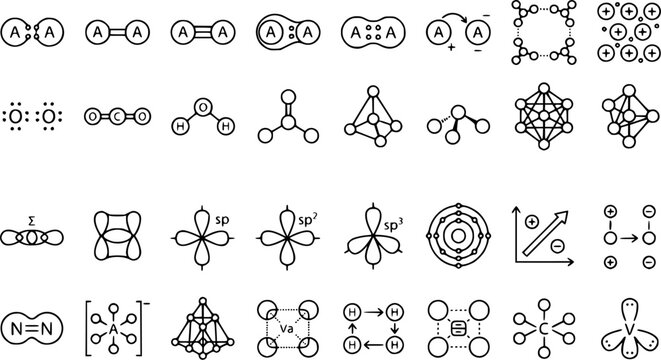 Chemical Bonding Outline Icon Set. Collection of chemistry & molecular science line icons, including chemical bonding, covalent bond, ionic bond, molecule, and more. Editable stroke.