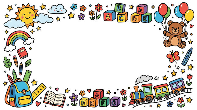 Doodle border frame with toy illustration featuring sun cloud rainbow backpack book pencil block train balloon and teddy bear