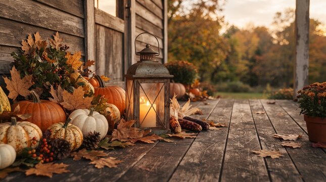 Autumn porch decoration with pumpkins and lantern on wooden rustic cabin deck