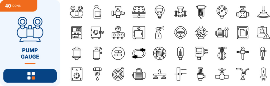 Vacuum Pump Gauge line icon set. Vector pictograms of pressure, sensor, valve, and pump elements, thin linear illustration.