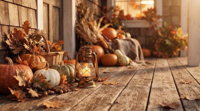 Fall pumpkin decoration on wooden porch with autumn leaves and glowing lantern
