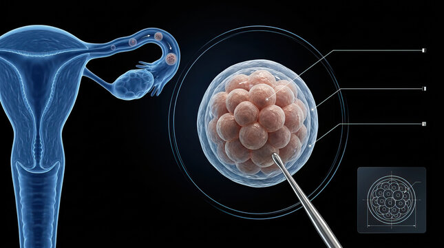 Female reproductive system, ovary, fallopian tube, embryo, cell division, medical illustration showing developing embryo with focused laboratory analysis and reproductive anatomy detail