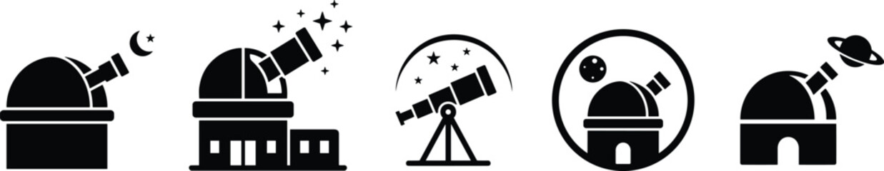 Set of black astronomy and observatory icons featuring buildings, telescopes, stars, moon, and planets. © creativeDesigner2023