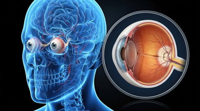 Human head showing eye pressure with enlarged eyeball and detailed eye anatomy, illustrating ocular discomfort, visual health concern, and medical examination through digital anatomical imagery
