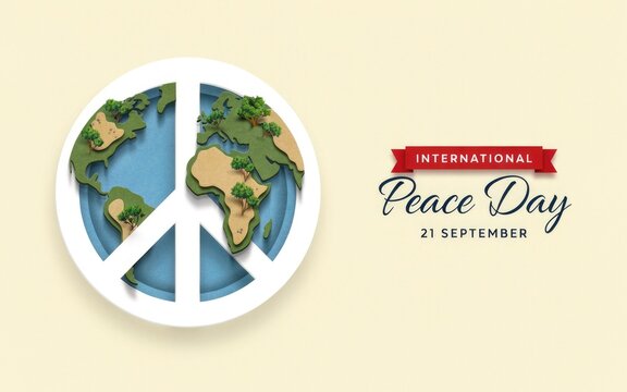 International peace day greeting card design featuring a globe inside a peace symbol on a light background