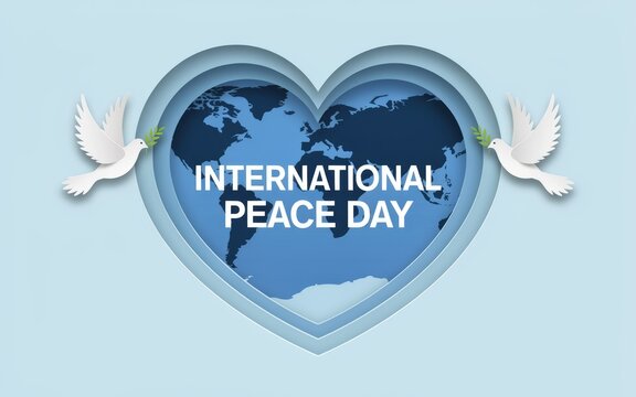 International peace day concept with a world map inside a heart shape and white doves flying
