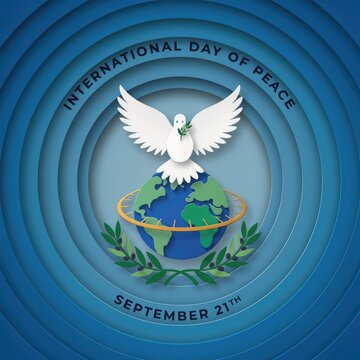 International day of peace conceptual design with a white dove and globe on a blue background