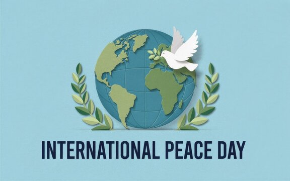 International peace day illustration featuring a globe with a white dove and olive branches on blue background