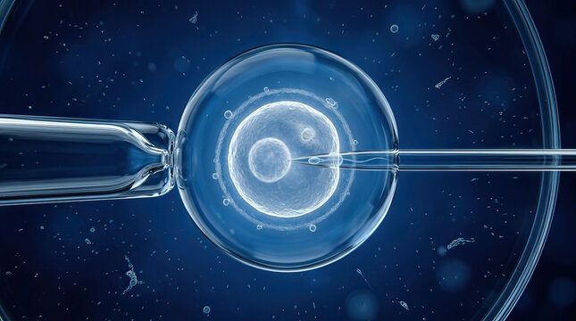 In vitro fertilization embryo culture droplet with microscopic cell division and laboratory pipette, showing precise reproductive science and clinical fertility treatment in blue liquid